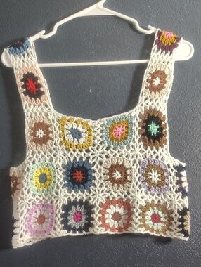 Boho Crochet Granny Square Cropped Top Patchwork Knit  Tank Vest